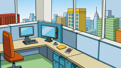 Wall Mural - The vacant office cubicle had a clear view of the bustling city street below but no one sat in the swivel chair to enjoy it. The desk was neatly. Cartoon Vector.