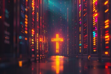 Digital Christian cross god Jesus Christ technological background religion illustration modern computer internet religious shining glowing data science accessible Bible spiritual cyberspace