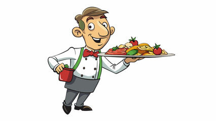 Wall Mural - The waiter deftly balanced a large tray of hot dishes on his arm as he proceeded through the crowded restaurant carefully avoiding bumping into any. Cartoon Vector.