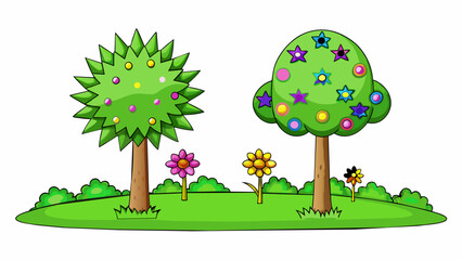 Sticker - Two trees in a yard one is tall and skinny with sp spiky leaves while the other is short and rounded with lush full branches and colorful flowers.. Cartoon Vector.