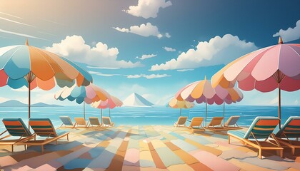 Wall Mural - summer beach with umbrellas and chairs