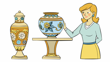 Wall Mural - While browsing the antique store she stumbled upon an exquisite vase that she just had to acquire. Its delicate handpainted floral design and. Cartoon Vector.