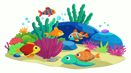 Canvas Print - While snorkeling in the ocean you come across a coral reef teeming with life. The vibrant corals come in different shapes and sizes housing a variety. Cartoon Vector.