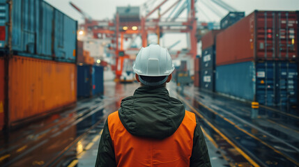 A dock worker in a hard hat and safety gear standing with their back to the camera, observing the loading and unloading of containers at a busy port, emphasizing logistics and international trade.
