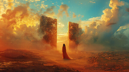 Wall Mural - Conceptual artwork of a woman walking through a gate into a beach landscape, symbolizing freedom and relaxation