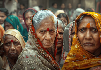Poster - A group of Indian women in their late thirties and early forties stand side by side on the street. They all wear sarees with vibrant colors.