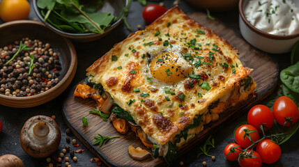 Savory Spinach and Mushroom Quiche on a Dark Rustic Table