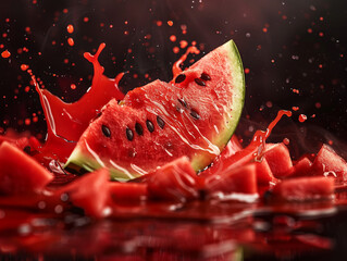 Wall Mural - Juicy watermelon, splashes of water, beautiful background, close-up