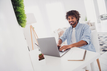 Sticker - Photo of funky positive man wear checkered shirt chatting modern gadget indoors house apartment room