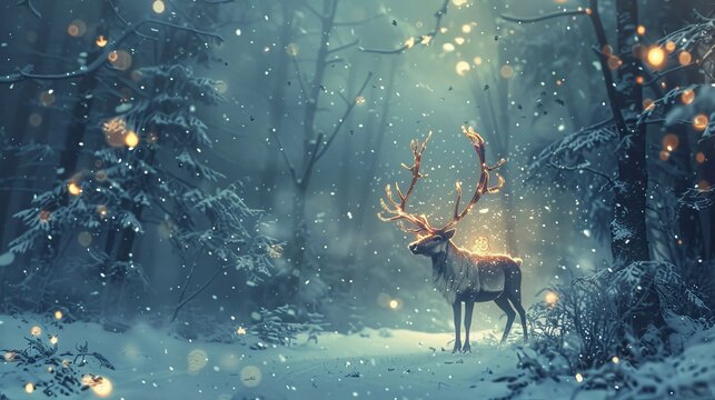 Golden reindeer in a winter forest for christmas or winter holiday designs