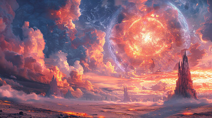 Wall Mural - Digital painting of a fantasy world with mystical clouds and magical scenery, suitable for a science fiction background