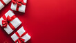 © Anatoli - Beautiful Christmas gift boxes with ribbon on a red background, top view