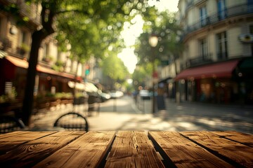 Poster - Terrace Setting with an Inviting Wooden Table and Soft Blurred Street View in the Background