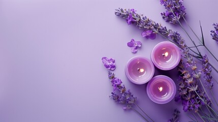 Wall Mural - Overhead shot of purple candles and delicate lavender flowers on a monochrome background