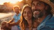 © G.Go - High-detail photo of a family enjoying a sunset picnic on the beach, all smiling and relaxed