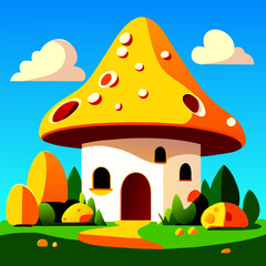 cheese house with mushroom and in the garden cartoon style on sky background, vector illustration