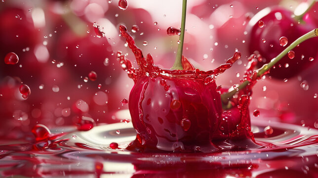 Juicy cherry falls into the water, water splashes, close-up