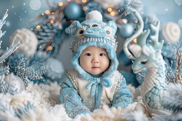 Wall Mural - baby boy dressed in dragon suit sitting inside winter ornament at christmas