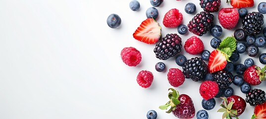 Wall Mural - Berry Smoothie, Mixed Berries on White Background, Space for Text Highlight