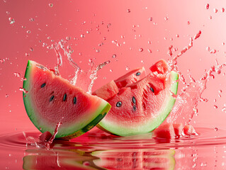 Wall Mural - Juicy piece of watermelon on a pink background close-up generated by AI