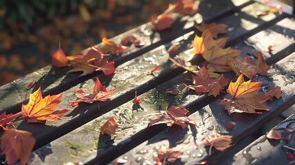Poster - A cluster of autumn leaves scattered on a park bench, their shadows dancing in the breeze