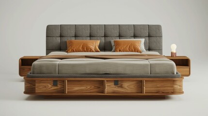 High-detail photo of a stylish bed frame with integrated storage, isolated on a white studio background