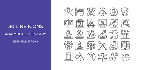 Analytical chemistry icon set illustration vector editable stroke. gen, tube, danger, and more