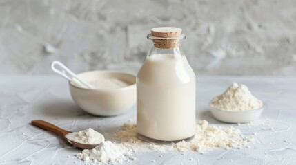 Poster - Fresh milk bottle with powdered milk and spoon for infant on a white surface