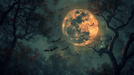 Wall Mural - Halloween background with a spooky haunted house silhouette against an orange moonlit sky