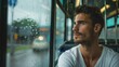 ©  Abyss Photo - a handsome man sitting on a bus, raining out side, looking away, wearing clean shirt.