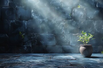 Sticker - Dark stone wall with a potted plant illuminated by a ray of sunlight, creating a dramatic and serene outdoor scene with natural textures and contrasts