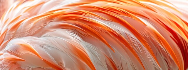 A closeup of the delicate feathers on an elegant flamingo, capturing their soft pink and orange hues.