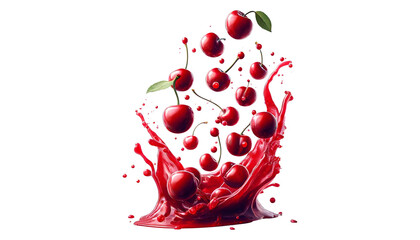 Wall Mural - Cherries falling into cherry juice splashes, isolated on the transparent background