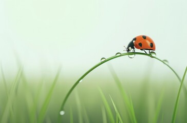 Wall Mural - Closeup of ladybug on green grass, macro photography. In the background is blurred nature with grass and sky.