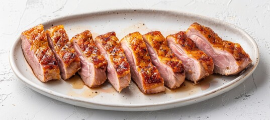 Close up of succulent sliced roast duck served on a plate on a pristine white table