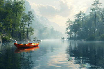 Poster - Kayaking on a serene lake, 3d render