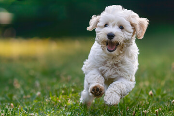 Wall Mural - Playful puppy running on a grassy field