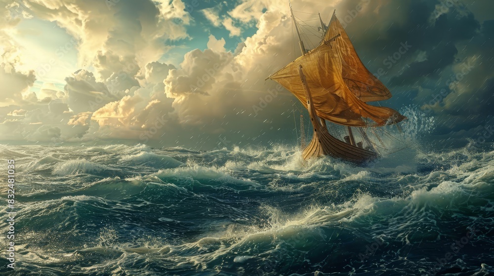aweinspiring viking ship sailing through a tempestuous sea aigenerated ...