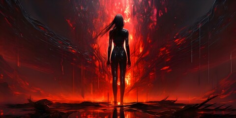 Wall Mural - Cyberpunk art with red streaks and humanoid figure in abstract digital world. Concept Cyberpunk Art, Red Streaks, Humanoid Figure, Abstract Digital World