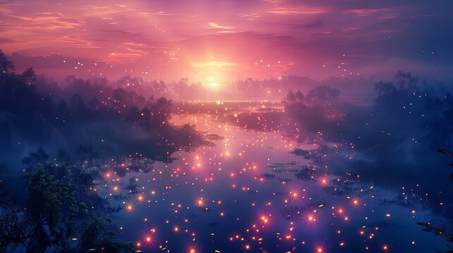 breathtaking aerial view of colorful misty swamp with fireflies fantasy morning landscape illustration