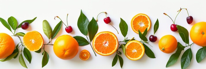 Oranges, cherries and other fruits on a white background