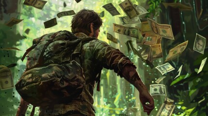 Wall Mural - Man walking through a jungle with falling money for a fantasy adventure or escape theme