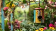 © Justlight - A colorful birdhouse made from an old tin can and scrap wood hanging in a lush garden.