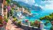 © Jelena - charming seaside town in spain colorful flowers and fences turquoise ocean view idyllic mediterranean landscape digital painting