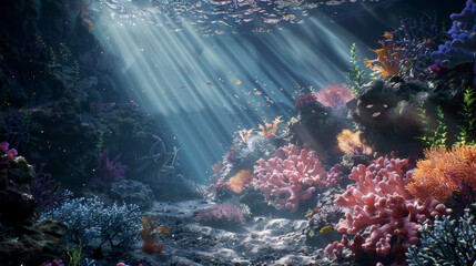 Wall Mural - Capturing the essence of an underwater coral reef, this scene features a rich tapestry of marine life 