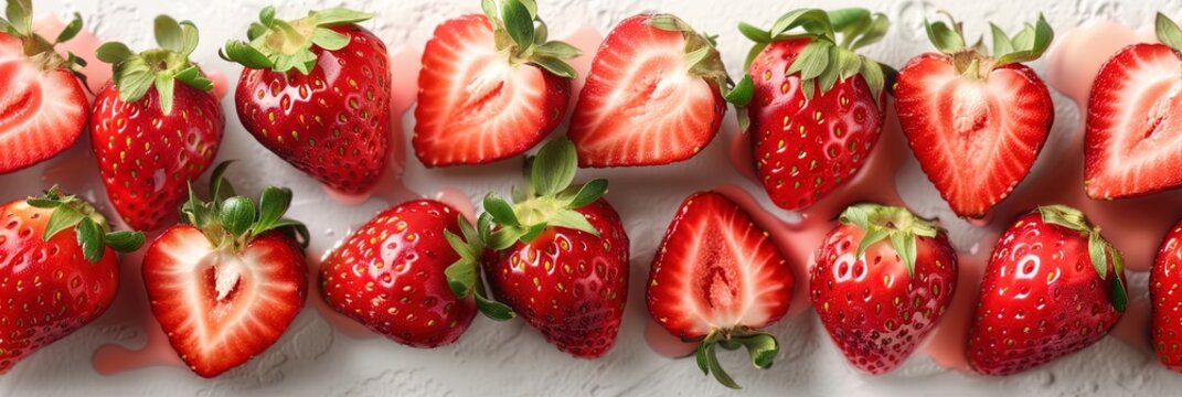 A row of strawberries with one half cut out