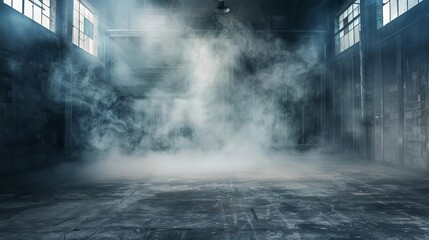 Wall Mural - dramatic dark concrete room with smoky atmosphere grungy industrial event space abstract photography