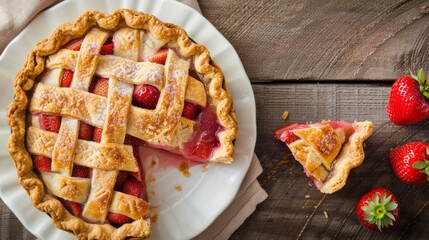 freshly baked Homemade Strawberry Rhubarb Pie slices on a white cake plate on a wooden table, flat lay