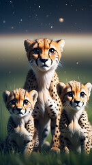 Stunning photo of two playful baby cheetahs posing alongside their graceful mother. The great cheetah In a field full of life and movement Combine the endless environment of the boundless and ethereal