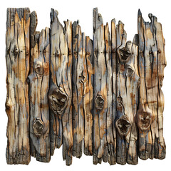 Wall Mural - Weathered wooden log fence with cracks, die cut PNG style isolated on white and transparent background